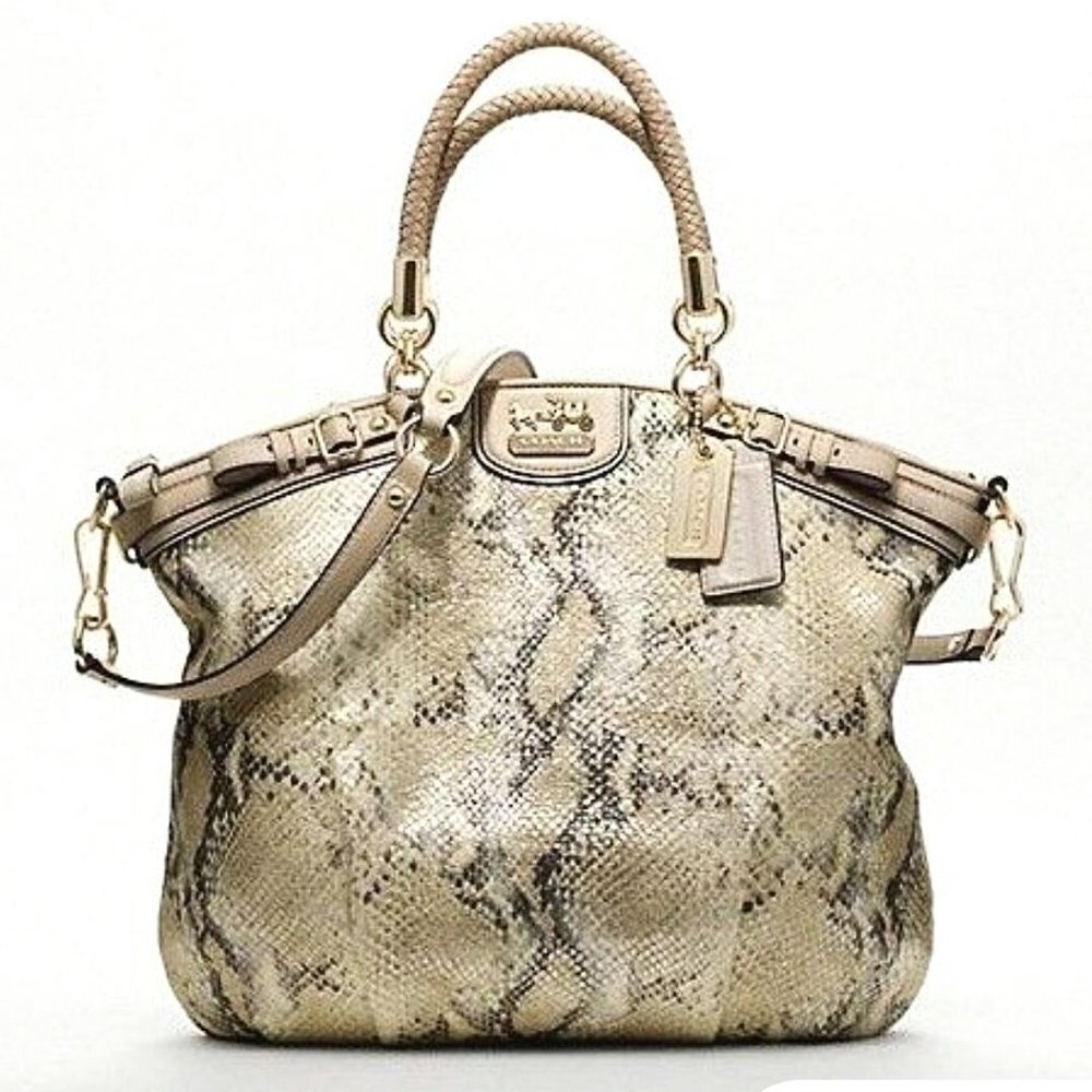 Coach Beige Snake-Print Satchel with Gold Hardware
